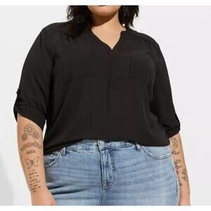 Torrid Womens 2X Top Harper Georgette Blouse Black 3/4 Sleeve Pullover Plus Size